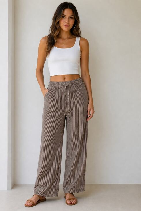 Sienna Sky Pants - Sienna Sky Striped Drawstring Pants M Brown White
